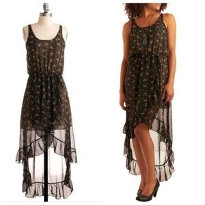 Modcloth Black Floral Cinematic Siren High Low Ruffle Dress XS